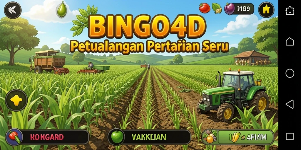 Tampilan gameplay seru dalam BINGO4D yang menampilkan ladang hijau dan hewan peliharaan.