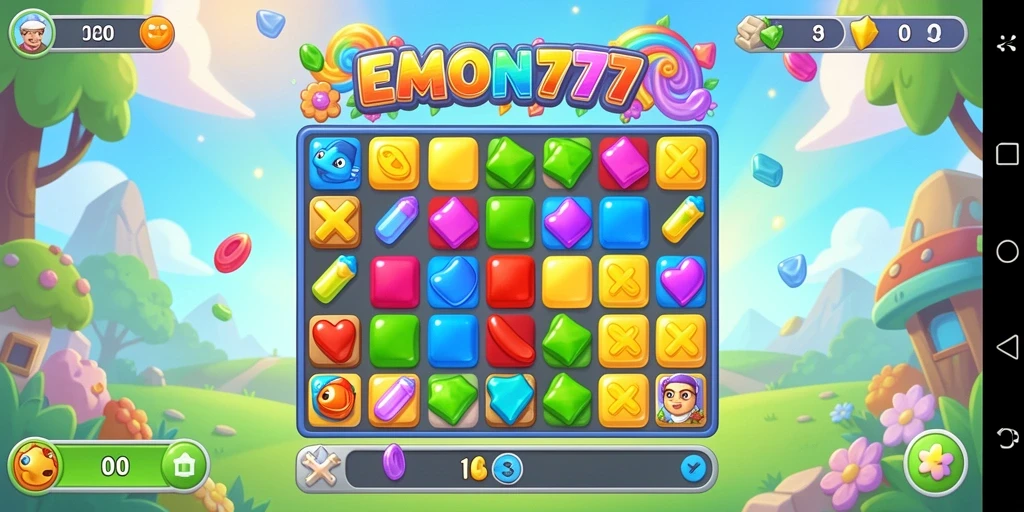 Screenshot game EMON777 menunjukkan keseruan gameplay Match-3 yang penuh warna.