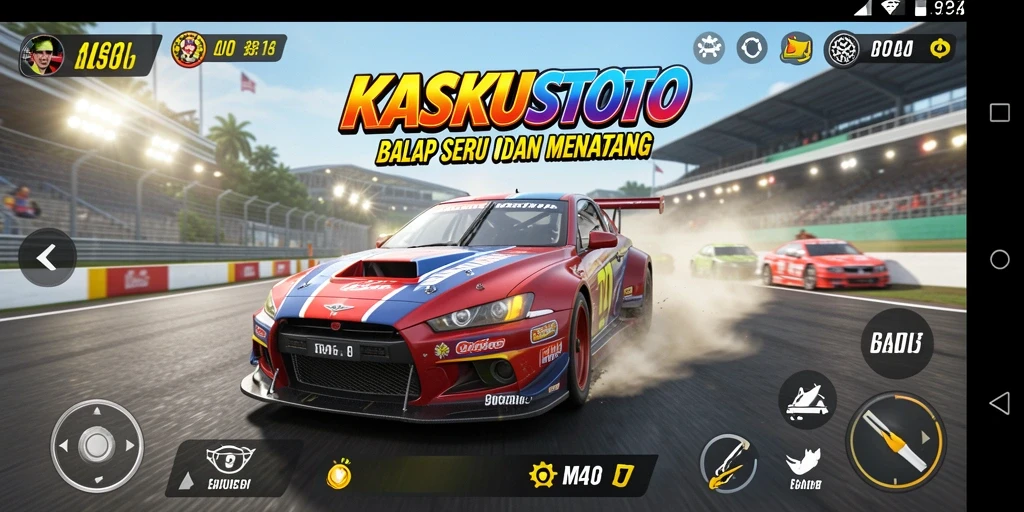 Skrin utama KASKUSTOTO menampilkan adegan balapan mendebarkan.