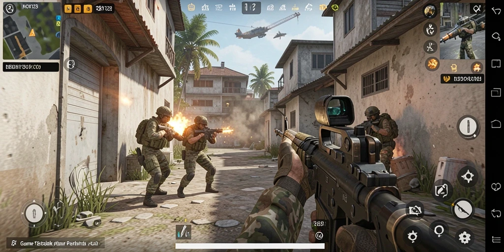 Tampilan gameplay NOX123 dengan pertempuran intens di dunia FPS.