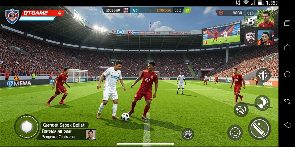 Tangkapan layar gameplay QTGAME menampilkan aksi sepak bola yang intens.