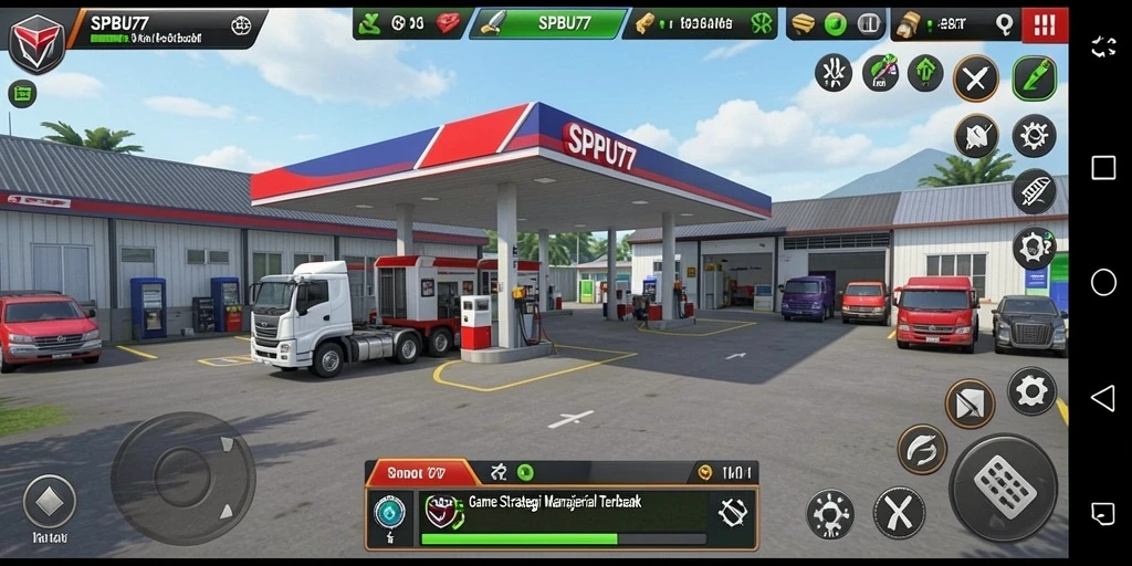 Tangkapan layar gameplay <strong>SPBU77</strong> menunjukkan suasana stasiun pengisian bahan bakar yang dinamis.