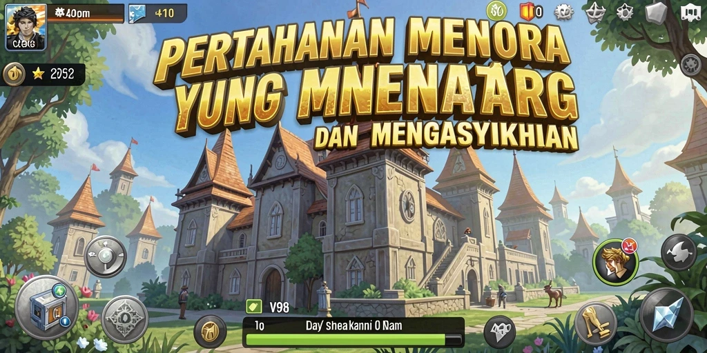 Screenshot gameplay V98 menampilkan menara dan serangan musuh di arena pertahanan.